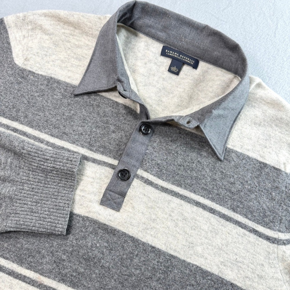 Banana Republic Rugby Polo Sweater Mens L Grey Striped Lambswool Cashmere Preppy